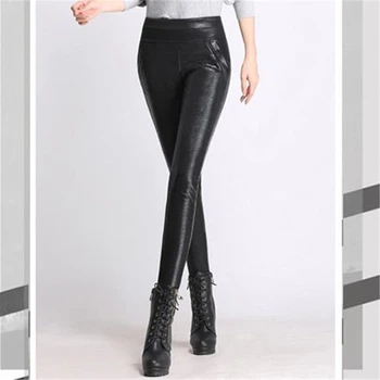 

Woman Oversized Winter Waterproof Elastic Waist Stretch Plus Velvet Thick Pu Pencil Pants Lady High Warm Leggings Capris
