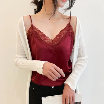 

Silk Top Camis For Female Wine Red Black White Women's Tank Tops Sexy Patchwork With Lace Clothes Woman Summer V Neck Ladies Top