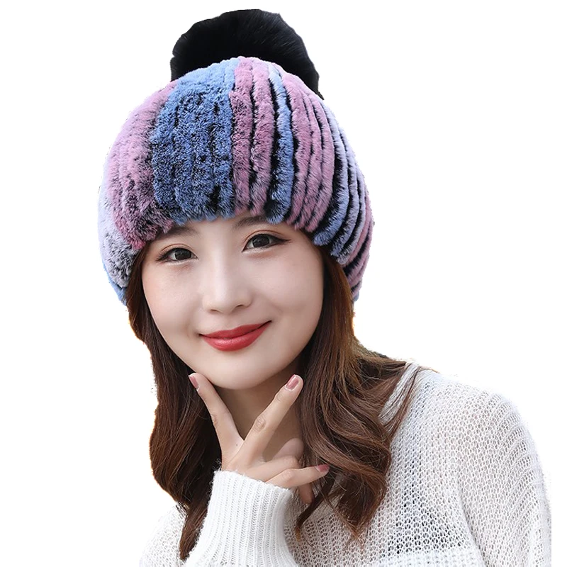 Style 9 Настоящий мех кролика шапки для женщин зимние теплые Skullies Beanie шапка с лисьим меховым помпоном - Цвет: Style 9