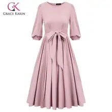 Grace Karin, винтажное платье, одноцветное, плиссированное, ТРАПЕЦИЕВИДНОЕ, свободное платье, осень, новые, расклешенные, вечерние платья, средней длины, с поясом, платья средней длины для женщин
