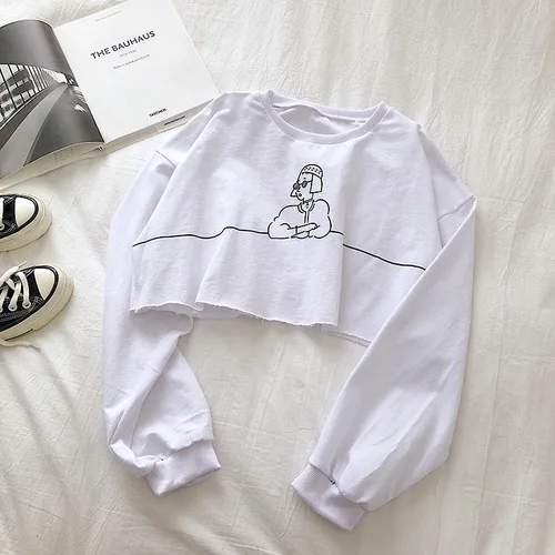 white tee Woherb/Новая Осенняя Корейская футболка для женщин с длинным рукавом, короткий топ с принтом из мультфильма, Женская винтажная Повседневная Уличная одежда Harajuku 90735 - Цвет: white tee