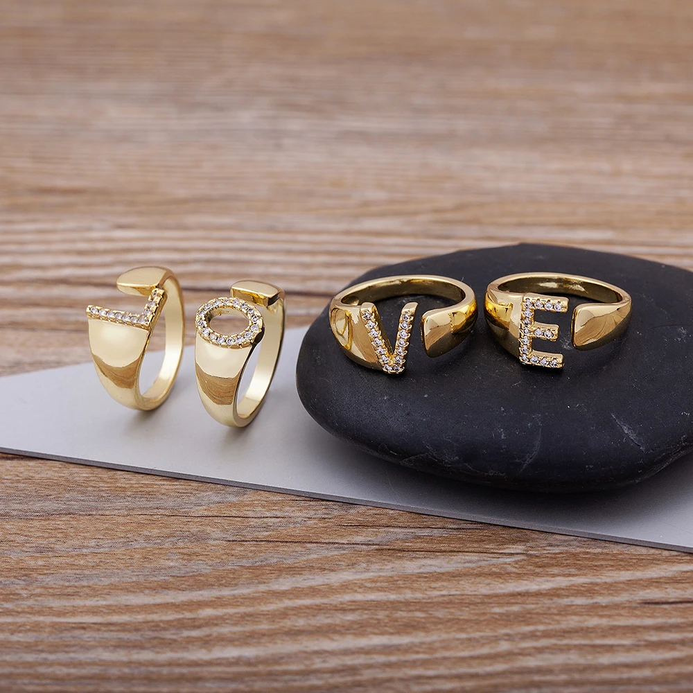 Crystal Rings Fashion Rings Gold Rings Finger Rings Metal Rings A-Z Letter Metal Adjustable Opening Ring Women