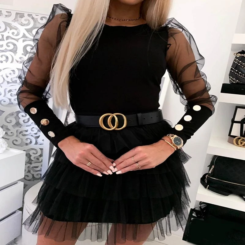 Women Mesh Puff Long Sheer Sleeve Tops Pullover Blouse Shirts Casual Party Club Back Buttons OL Office Casual Blouse Women Mesh Puff Long Sheer Sleeve Tops Pullover Blouse Shirts Casual Party Club Back Buttons OL Office Casual Blouse