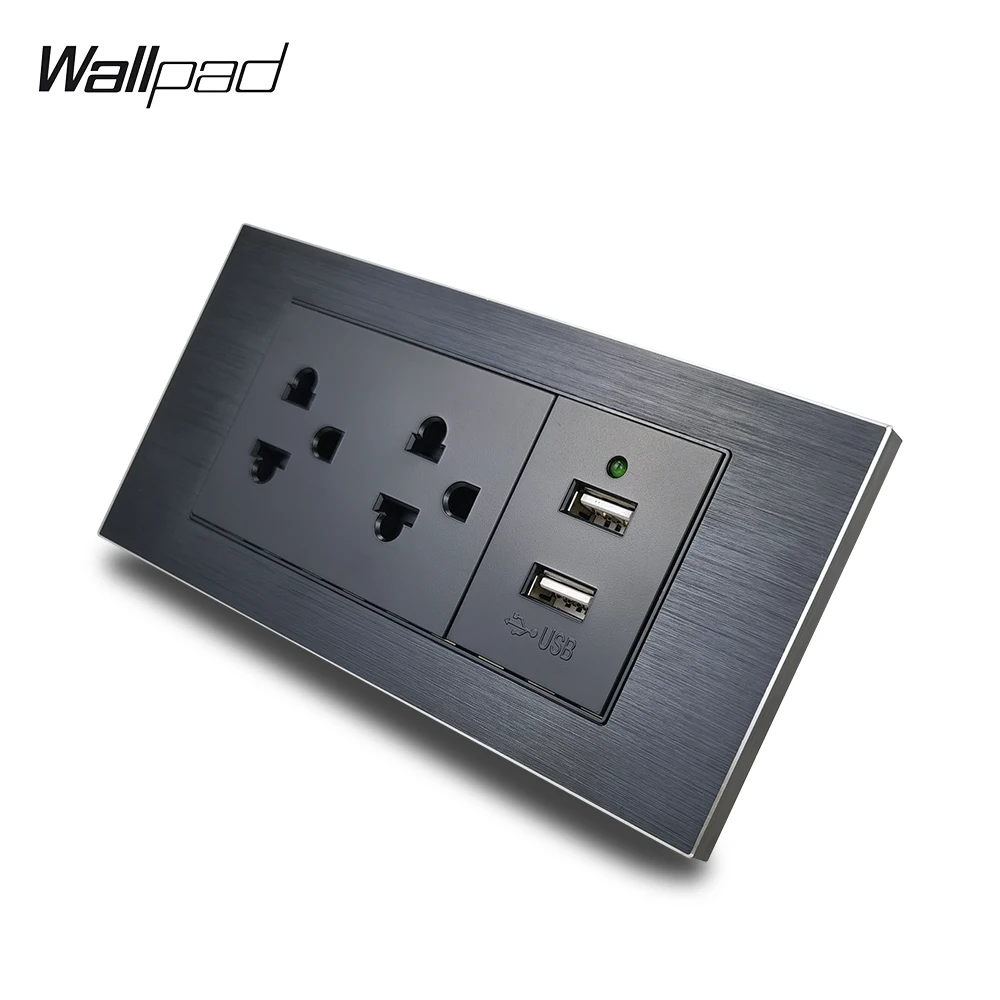 153-75mm-2-US-Wall-Socket-with-USB-Wallpad-L3-Black-Aluminum-Panel ...