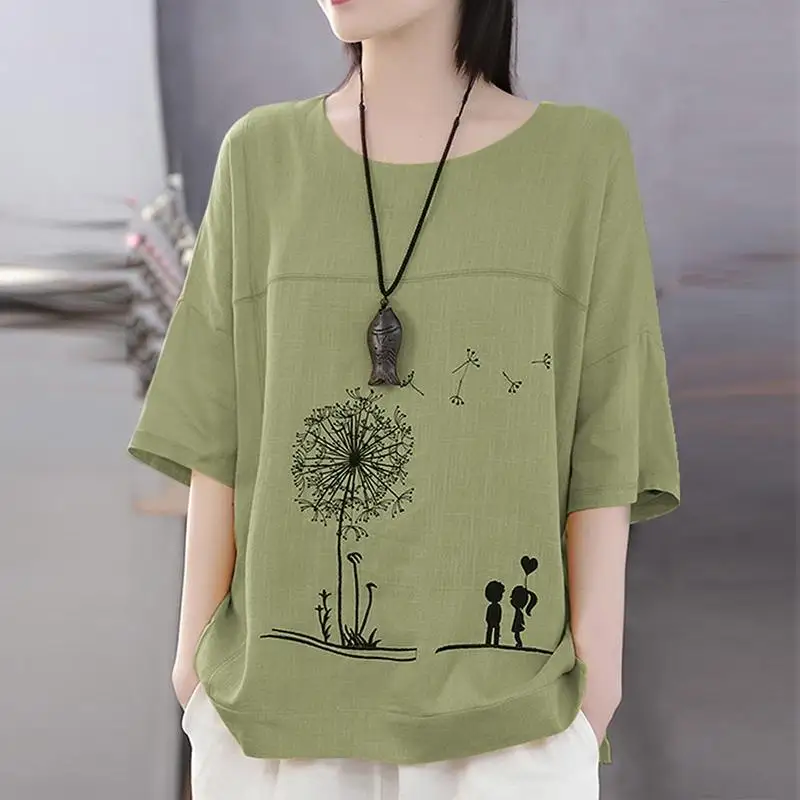 

Women Cotton Linen Shirt Autumn Cartoon Printed Blouse Female O Neck 3/4 Sleeve Tunic Tops Chemise Loose Casual Blusas Mujer