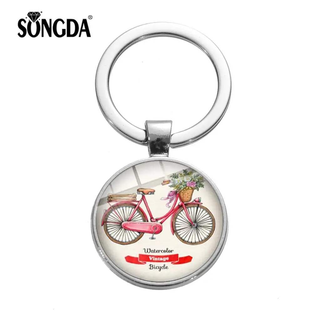 

SONGDA Fashion Vintage Red Bicycle Flower Art Keychain Cute Cartoon Bike Tricycle Series Key Ring Holder Purse Bag Decor Pendant