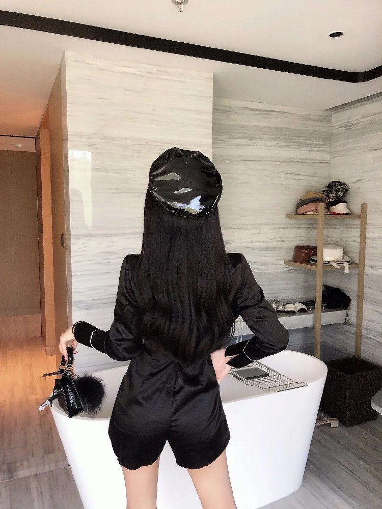 Осень темперамент v-образным вырезом лацканы завязанный ремень с длинными рукавами карман атласный комбинезон