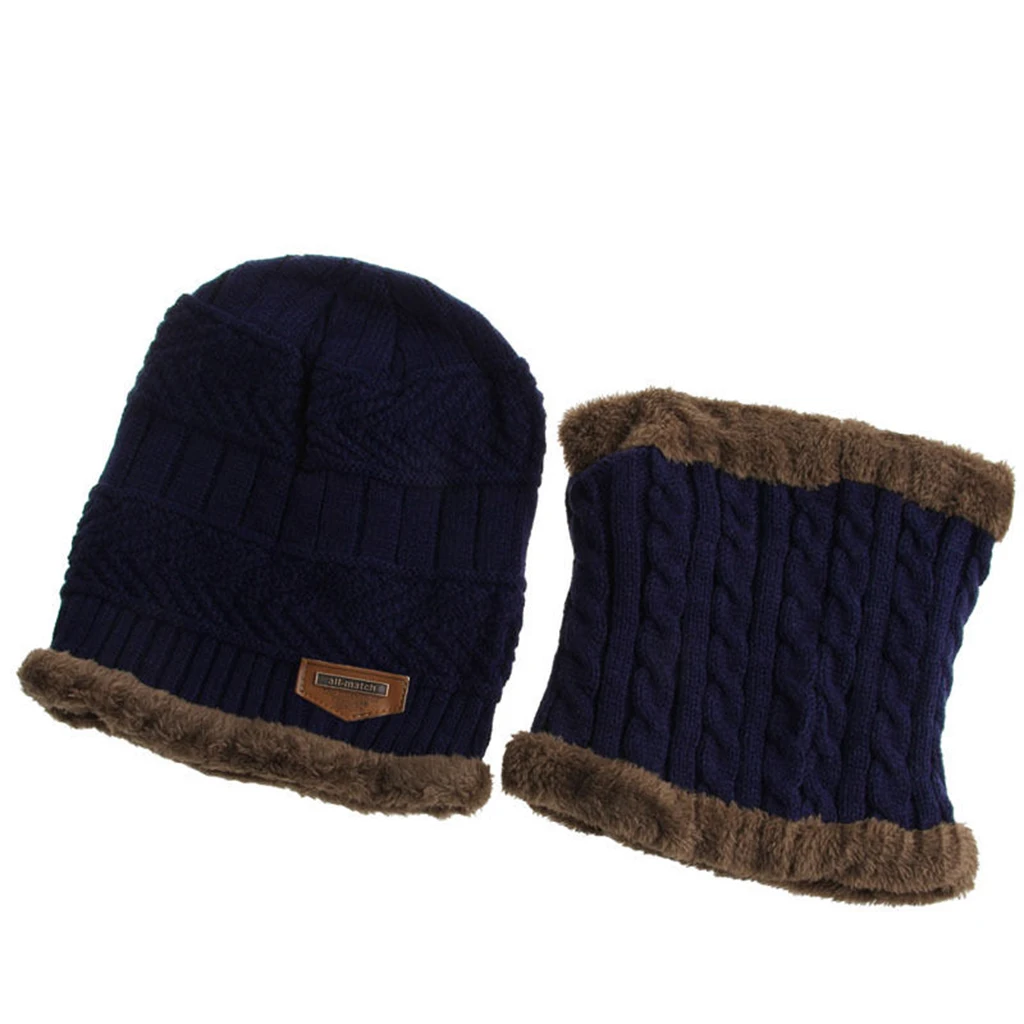 2PCS Men's Women's 2 Sided Beanie Winter Warm Knit Ski Knitted Scarf Hat Windproof Couple Hat Slouchy Hats with Pom Scarves