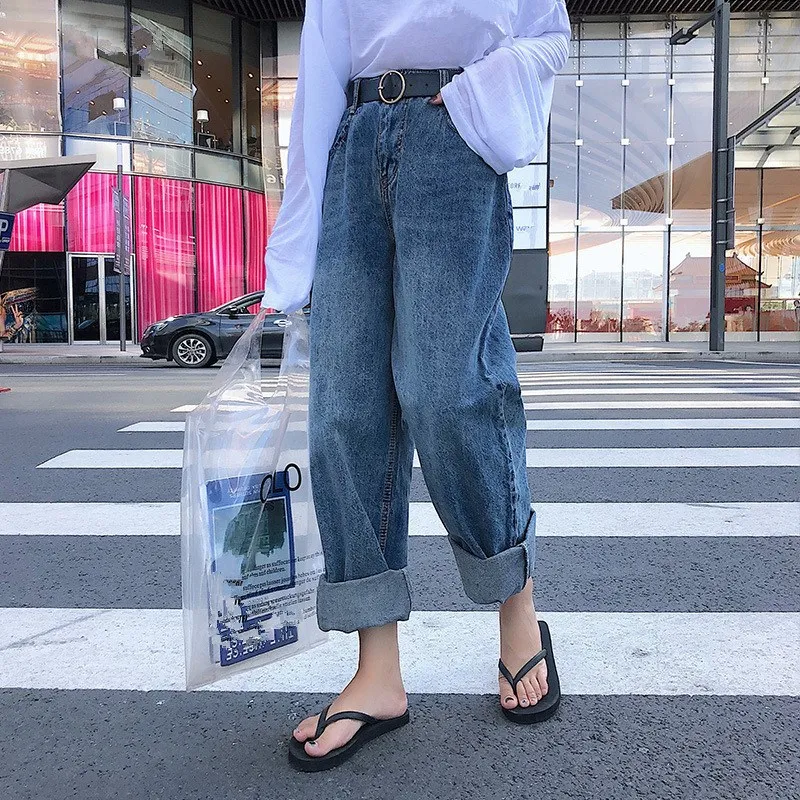 Женские рваные джинсы с высокой талией, свободные джинсы с карманами, винтажные повседневные однотонные джинсовые штаны