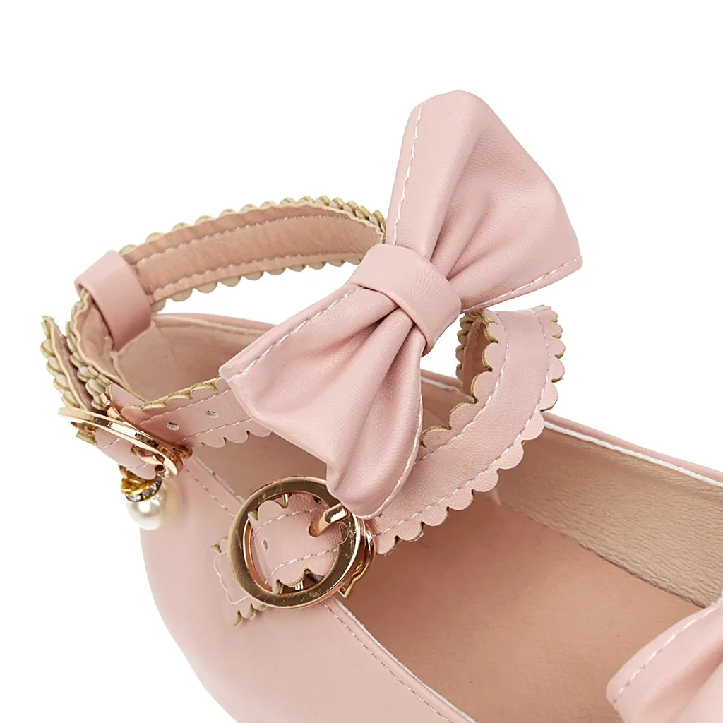 Lolita Girls Mary Janes Shoes Bowknot Princess Ruffles Japan Sweet Bride Wedding Party Dress Pumps Cosplay Pink Plus Size 34-48