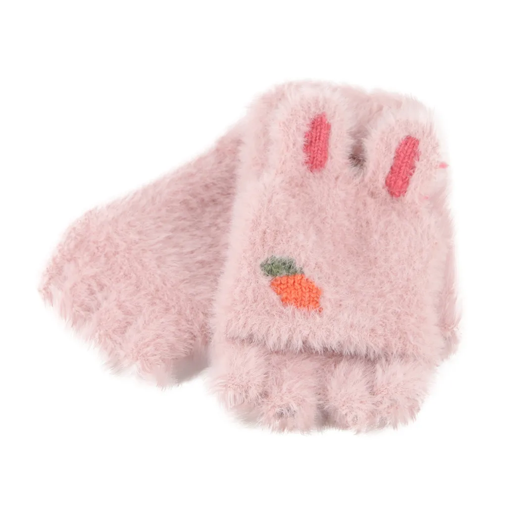 Милый кролик Плюшевые Уши перчатки для девочек перевернутый перчатки без пальцев guantes invierno на открытом воздухе Детские Handschoenen зимние детские перчатки - Цвет: Pink