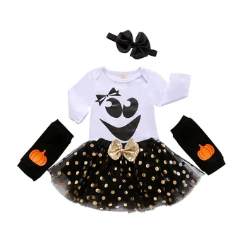 

0-18M Newborn Baby Girl Halloween Clothes Set Cartoon Print Romper + Tulle Sequin Tutu Skirt + Leg Warmer Socks + Headband 4Pcs