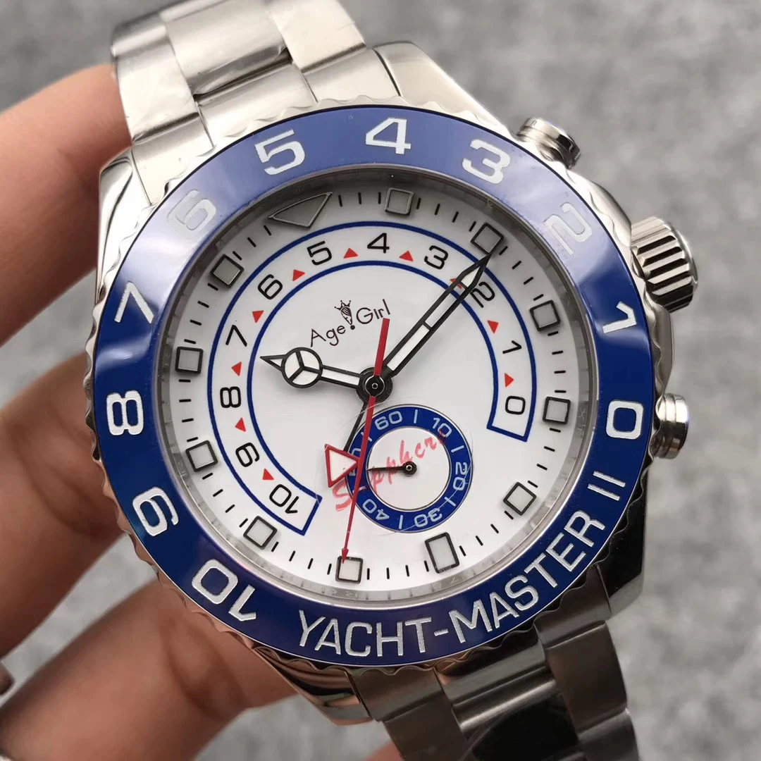 Роскошные брендовые новые мужские часы, автоматические механические часы с серебряным ободком из нержавеющей стали GMT, сапфировые наручные часы для яхты, 44 мм, черные, серые