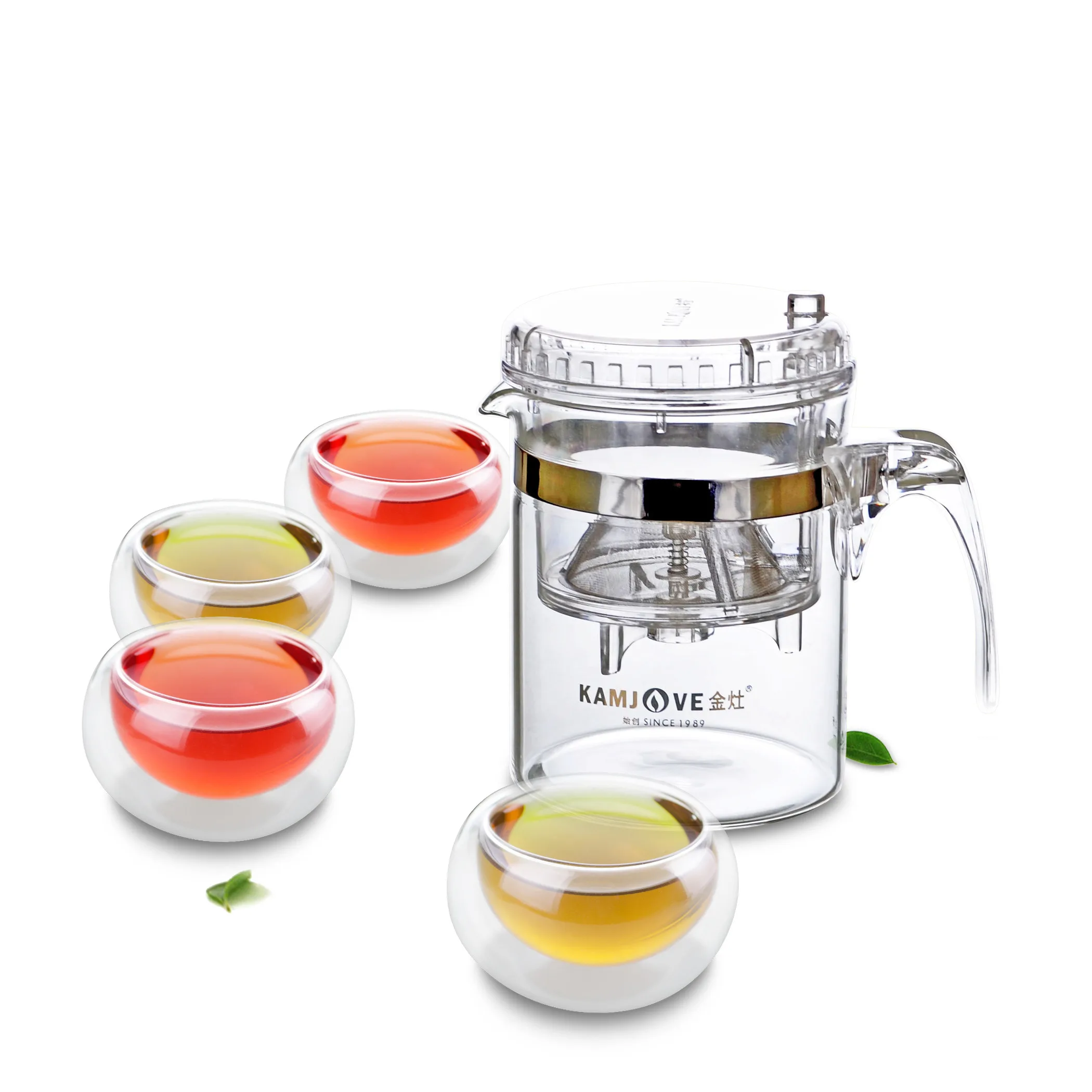 

Teapot with Filter Function & 4PC Cute Double Wall Glass Tea Cups Coffee Mugs