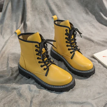 

Yellow Black Combat Boots Women Fashion Leather Boots 2020 New White Ankle Boots Women Shoes Casual Platform Lace Up Punk Boots