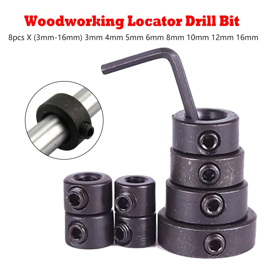 

8pcs 3-16mm Woodworking Drill Locator Drill Bit Depth Stop Collars Ring Positioner Drill Locator Wood Drill Bit