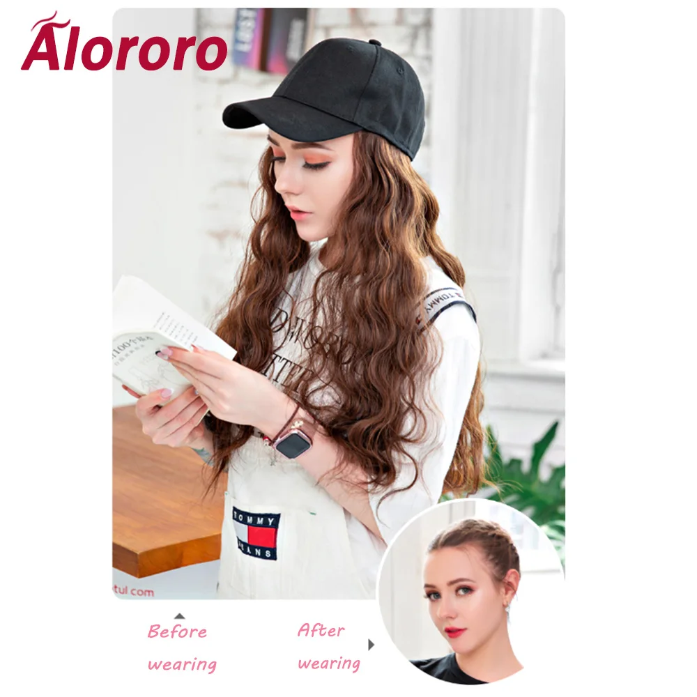 Alororo черный коричневый стиль бейсбольная шляпа с длинными вьющимися волнистыми волосами Парики термостойкие синтетические волосы шляпа для девочек