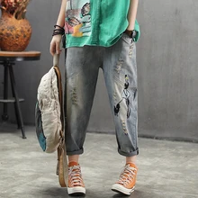 Женские джинсы деним брюки с вышивкой с героями мультфильмов потертые отбеленные модные повседневные большие свободные штаны на весну и осень AZ28223418