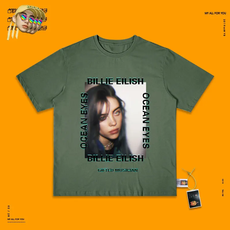 Army green Billieeilish плакат короткий рукав женщина Ins прилива запах свободные Чистый хлопок Футболка личности любителей короткий рукав мужской - Цвет: Army green