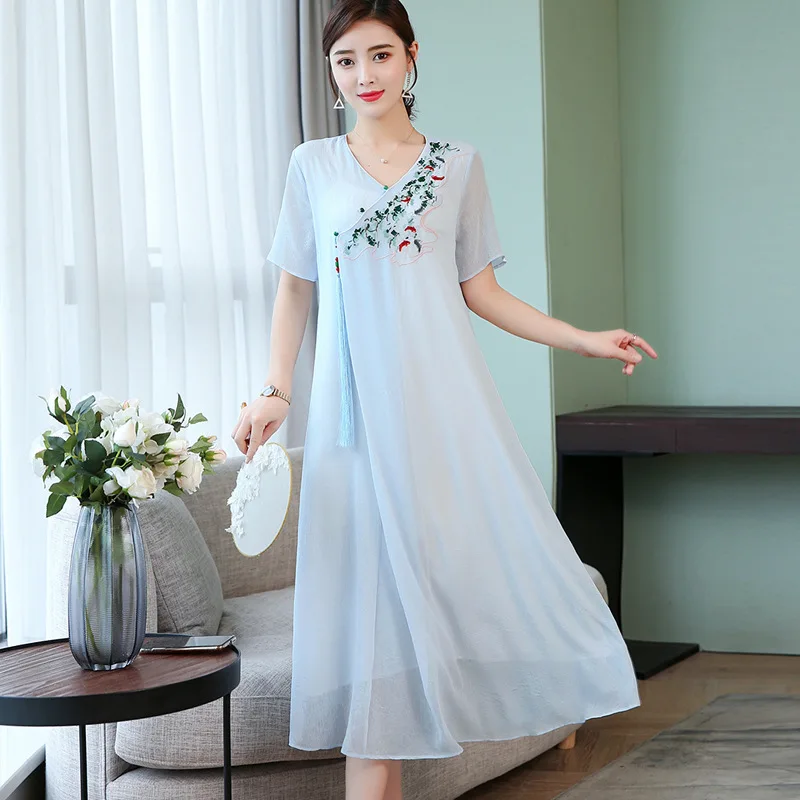 

Chinese-style Dress Women's 2019 Spring And Summer New Style Loose-Fit Zen Retro Embroidery Mid-length Skirt