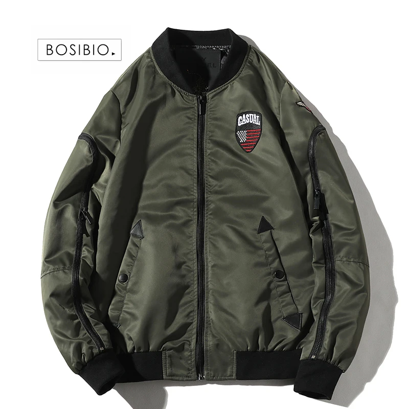 

BOSIBIO Bomber Jacket Men Embroidery Anime Pilot Jacket Spring Autumn Mens Military Jacket Stand Collar Male Coat WZ-73