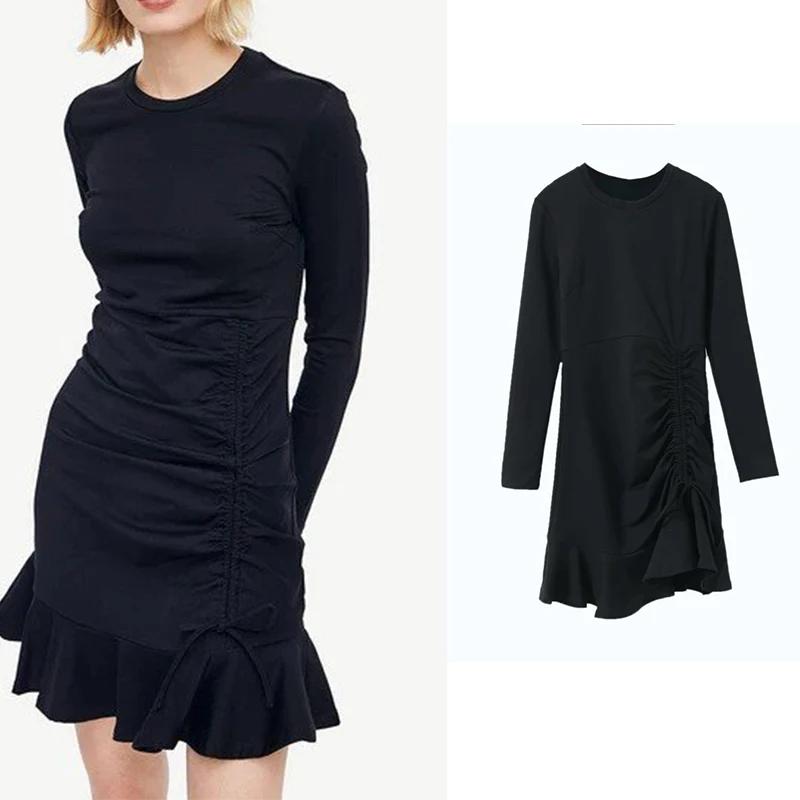 

za 2020 new fashion women dress elegant vintage slim style black o-neck mini long sleeve vestidos de fiesta de noche dress
