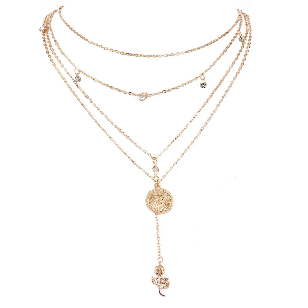

Long Fashion Necklace Gold Necklace For Women Multi-layer Rose Pendant Bohemia Chain Statement Necklace Gothic Necklace