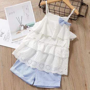

2020 New Summer Girl's Clothes Children Bow Lace Sling T-shirt+Striped Short Pants Sets Kids Sleeveless Clothing Sets