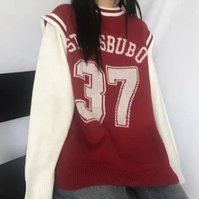 Вышитый номер женский свитер жилет Зимняя одежда корейский Свободный Harajuku стиль цифровой без рукавов вязаный женский жилет