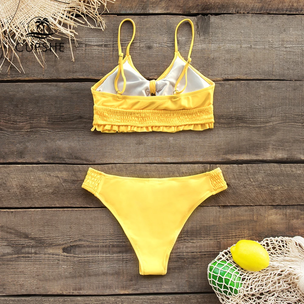 CUPSHE Yellow Ruffled Bikini Sets Sexy Cutout Bowknot Elastic Swimsuit Two Pieces Swimwear Women 2020 Girls Beach Bathing Suits 4