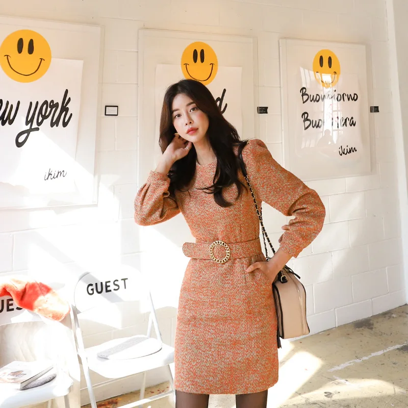 

2019 Winter Women's Dress New Products Korean-style Elegant Crew Neck Belt Waist Hugging Slim Fit Slimming Sheath Base Dress