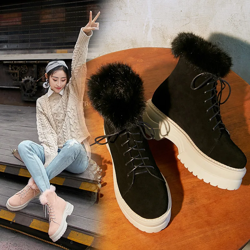 

Rex Rabbit Fur Snow Boots 2018 Autumn & Winter Thick Bottomed Platform Short Boots Semi-high Heeled round-Toe WOMEN'S Genuine Le