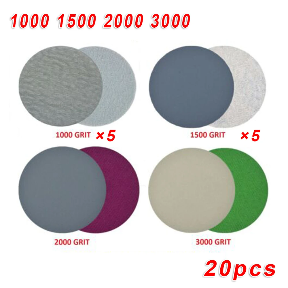 20pcs 5inch Hook&Loop Wet/Dry Sanding Discs 800 1500 2000 3000 Grit Sandpaper 
