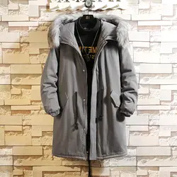 Зимнее пальто Мужская теплая плотная модная однотонная Повседневная парка Мужская Меховая куртка с капюшоном уличная свободная хлопковая