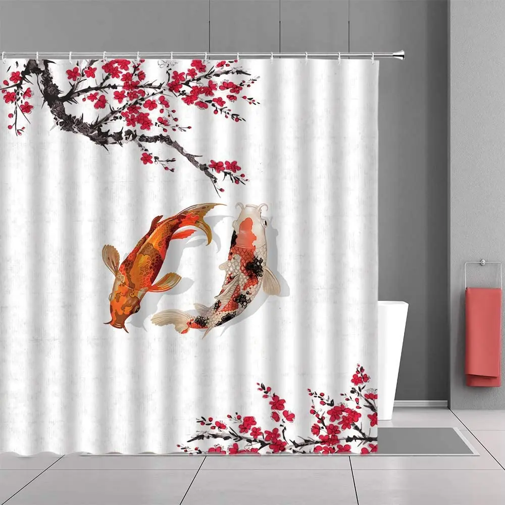 Koi Fish Sakura Shower Curtain Teal Turquoise Japanese Koi Fish Painting Style Flowers Leaves Fabric Bathroom Curtain Set Hook
