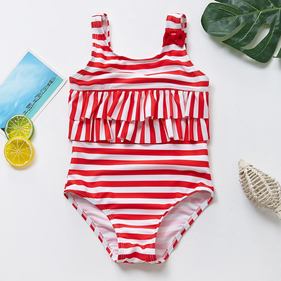 

2019 One Piece Ruffle Style Swimsuit For Girls 3-10years One-Piece Red Striped Children's Swimwear Summer Beachwear 9018