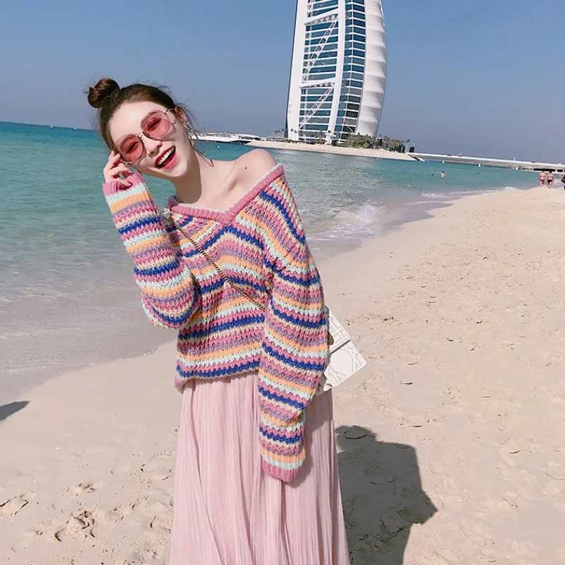 

Korean Style Women Rainbow Sweater 2019 Autumn Winter V Neck Cute Colorful Striped Knitted Sweater Knitwear pull femme T349
