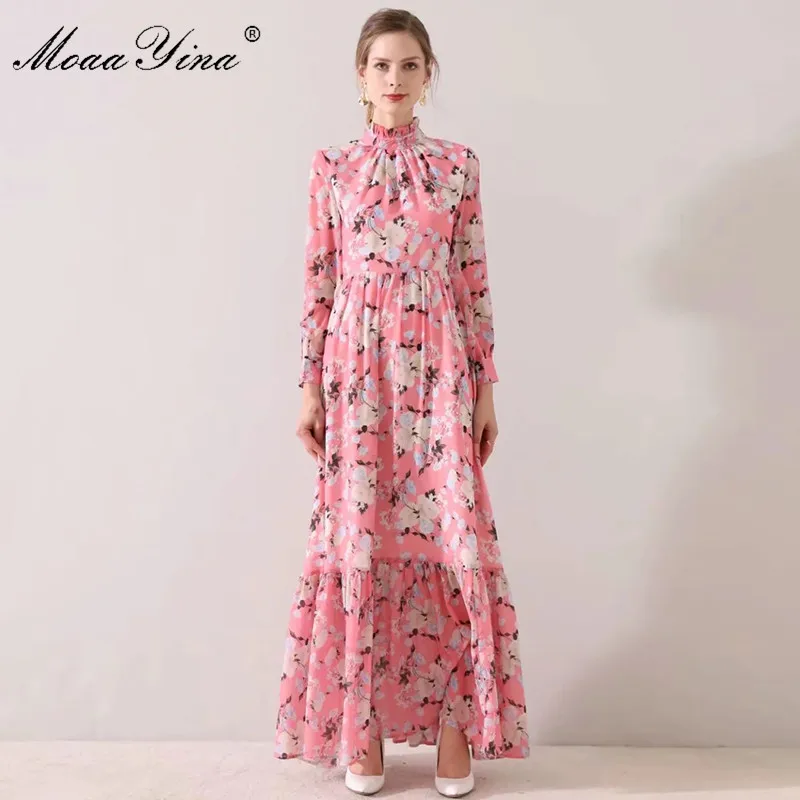 

MoaaYina Fashion Designer dress Spring Summer Women's Dress Long sleeve Floral-Print Slim Maxi Dresses