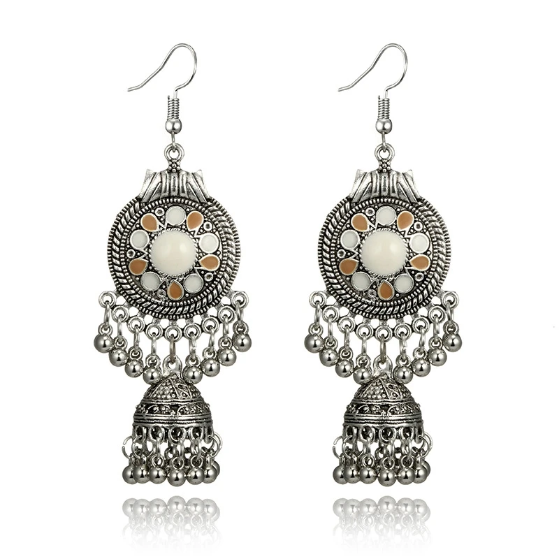 SHUANGR винтажный, из серебряного сплава Jhumka Bells бисер Нарядные серьги с кисточками для женщин турецкое цыганское племя индийские ювелирные изделия Вечерние