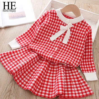 

HE Hello Enjoy Girls Clothing Sets Autumn Winter Fashion Plaid Coat+Skirt kids Clothes For girls Infantil Clothing Cute Kidswear
