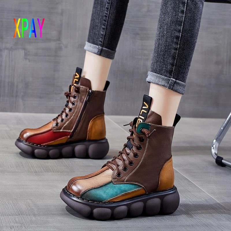 Botas de de varios colores para mujer, botines Retro hechos a mano, con cremallera de cabeza redonda, para otoño e invierno, hasta el tobillo| - AliExpress