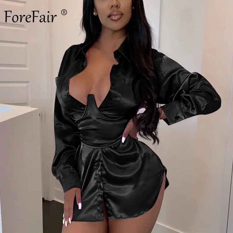 Forefair пояс Туника атласная блузка с длинным рукавом бандаж на шнуровке с v-образным вырезом передние карманы осень мода Слип шелк Сексуальная Блузка для женщин - Цвет: Black Blouse