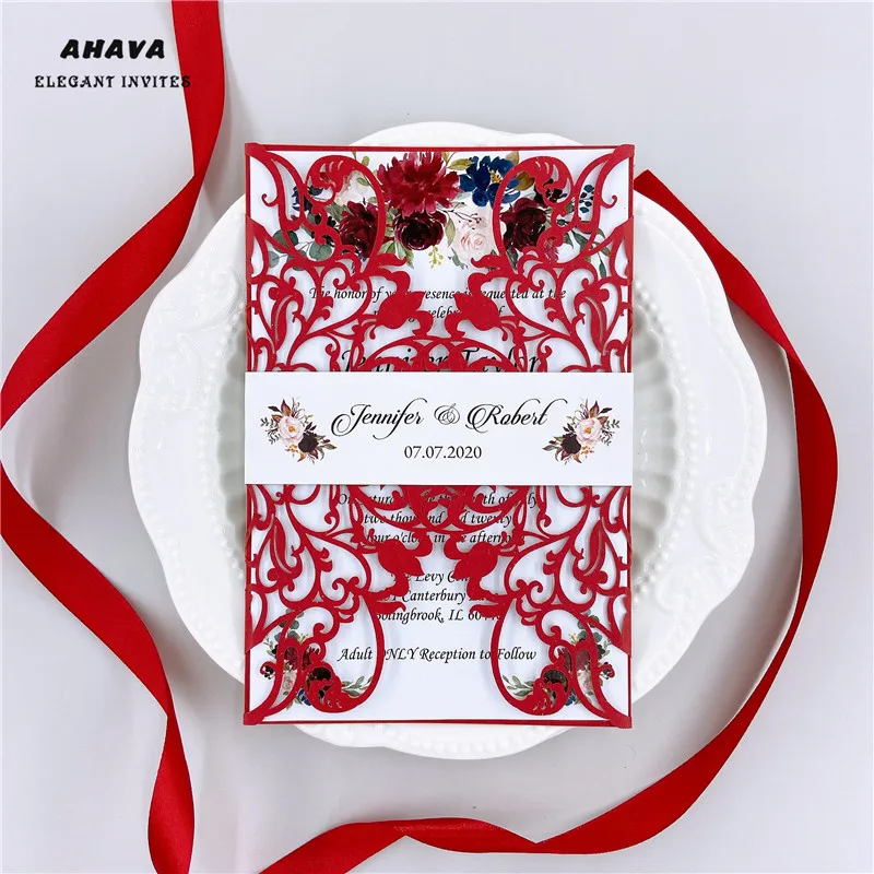 

Перламутровое красное лазерное приглашение, карманное складное лазерное вырезное приглашение, приглашение на свадьбу сделай сам, Элегантное Свадебное приглашение