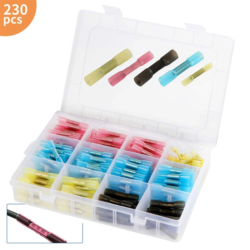 

230PCS Heat Shrink Connectors Insulated Waterproof Crimp Terminals Seal Butt Electrical Wire Connector AWG14-12 AWG26-24