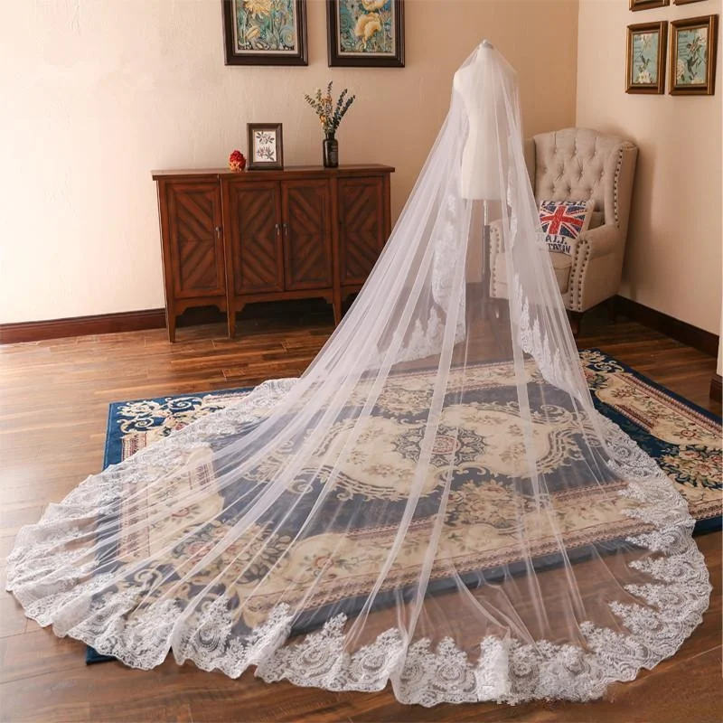 

3 Meter Cathedral Length Applique Lace Wedding Veils Custom Made Long Bridal Veil with Comb Wedding Accessories