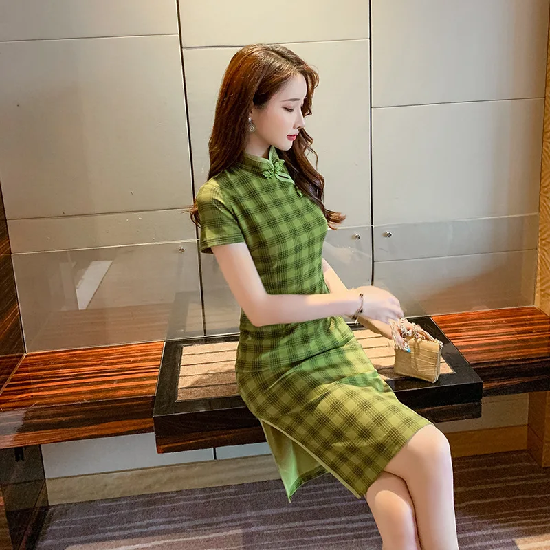 

2019 New Style Retro Green Plaid Improved GIRL'S Cheongsam Slim Fit Waist Hugging Short-sleeve Dress 3771h418