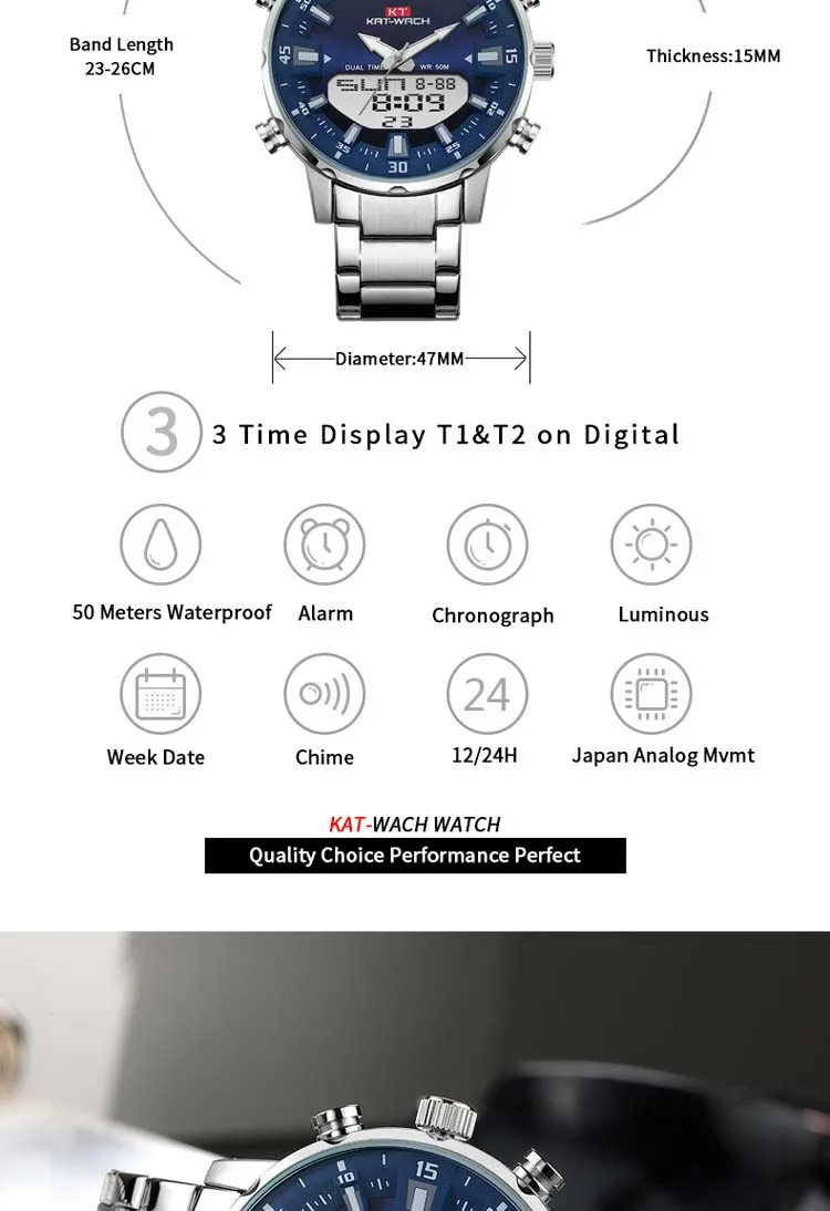 KAT-WACH Brand Steel Band Dual Movement Large Dial Waterproof Men's Electronic Watches Simple Luxury Business Man Wristwatch