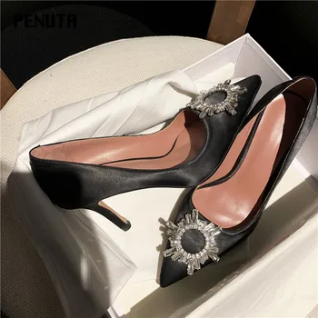

2020 PENUTA Women Crystal High Heels Bridal Shoes Sexy Pointed Toe Celebrity Top Quality Rhinestone Wedding Shoes Black G0105
