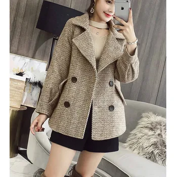 

Woman Stripe Woolen Coat Belt Jacket