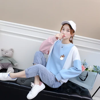 

Autumn Spring New Hoodies Sweatshirt Women Contrast Color Patchwork Fleece O-neck Harajuku Kawaii Cartoon Pocket Horse Man Tops
